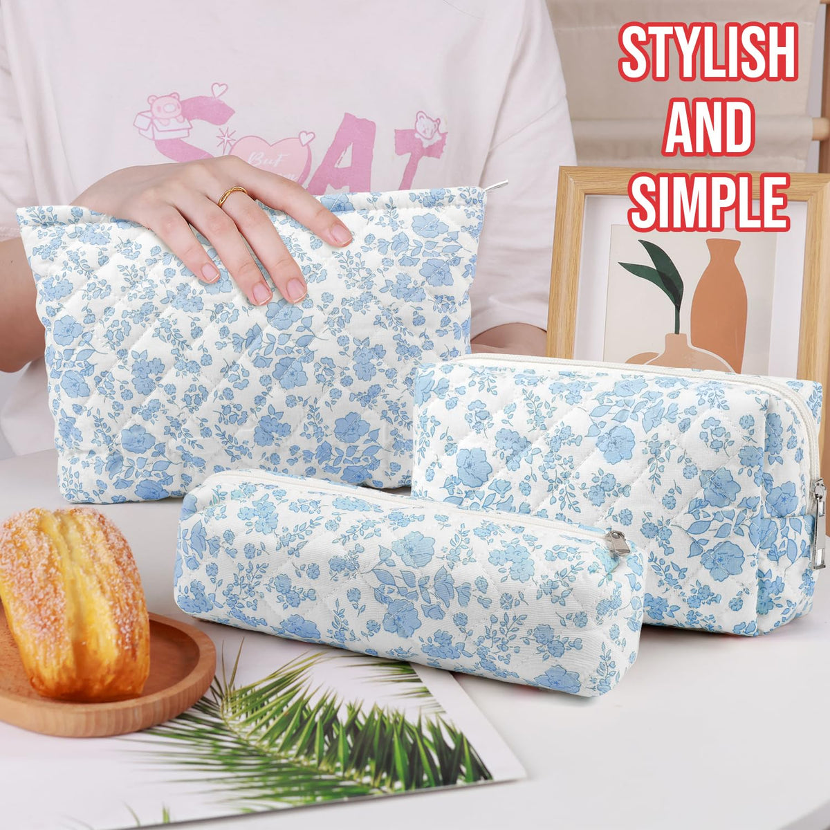 Gocvo 3 Pcs Makeup Bag Cosmetic Bag Set for Girls Women Checkered Travel Organizer Bathroom Toiletry Pouch Large Capacity Storage Bag(Blue Flower) - thewildfolk Gocvo 3 Pcs Makeup Bag Cosmetic Bag Set for Girls Women Checkered Travel Organizer Bathroom Toiletry Pouch Large Capacity Storage Bag(Blue Flower)