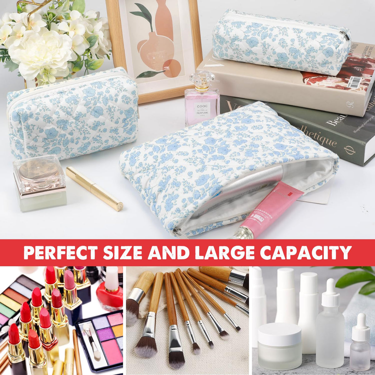 Gocvo 3 Pcs Makeup Bag Cosmetic Bag Set for Girls Women Checkered Travel Organizer Bathroom Toiletry Pouch Large Capacity Storage Bag(Blue Flower) - thewildfolk Gocvo 3 Pcs Makeup Bag Cosmetic Bag Set for Girls Women Checkered Travel Organizer Bathroom Toiletry Pouch Large Capacity Storage Bag(Blue Flower)
