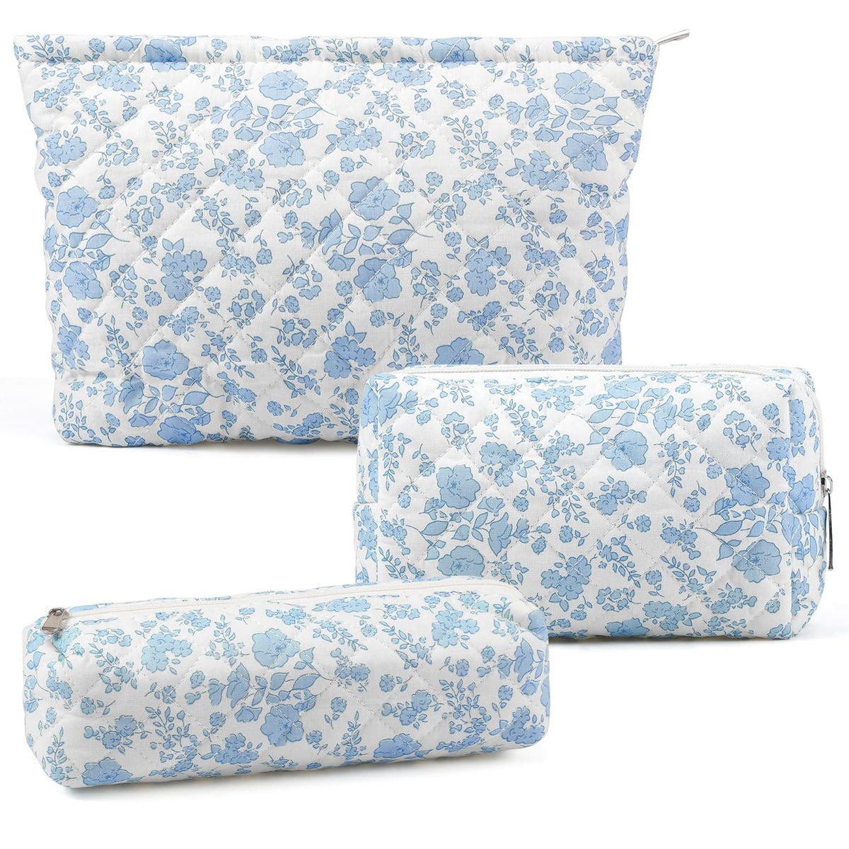 Gocvo 3 Pcs Makeup Bag Cosmetic Bag Set for Girls Women Checkered Travel Organizer Bathroom Toiletry Pouch Large Capacity Storage Bag(Blue Flower) - thewildfolk Gocvo 3 Pcs Makeup Bag Cosmetic Bag Set for Girls Women Checkered Travel Organizer Bathroom Toiletry Pouch Large Capacity Storage Bag(Blue Flower)