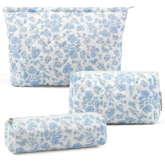 Gocvo 3 Pcs Makeup Bag Cosmetic Bag Set for Girls Women Checkered Travel Organizer Bathroom Toiletry Pouch Large Capacity Storage Bag(Blue Flower) - thewildfolk Gocvo 3 Pcs Makeup Bag Cosmetic Bag Set for Girls Women Checkered Travel Organizer Bathroom Toiletry Pouch Large Capacity Storage Bag(Blue Flower)