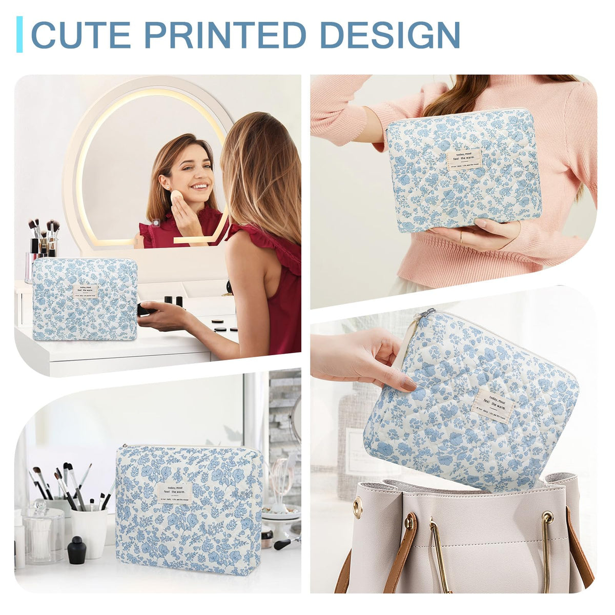 Gosect Floral Makeup Bag, Large Cosmetic Bag for Women Girls, Cute Cotton Make up Pouch, Quilted Makeup Bags, Flower Travel Toiletry Organizer Bag(Blue Floral) - thewildfolk Gosect Floral Makeup Bag, Large Cosmetic Bag for Women Girls, Cute Cotton Make up Pouch, Quilted Makeup Bags, Flower Travel Toiletry Organizer Bag(Blue Floral)