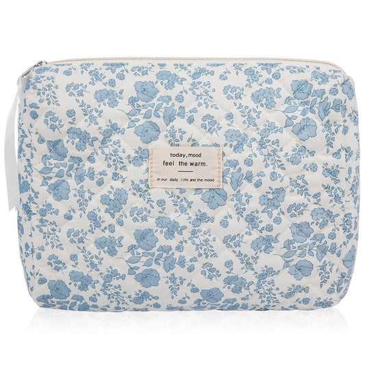 Gosect Floral Makeup Bag, Large Cosmetic Bag for Women Girls, Cute Cotton Make up Pouch, Quilted Makeup Bags, Flower Travel Toiletry Organizer Bag(Blue Floral) - thewildfolk Gosect Floral Makeup Bag, Large Cosmetic Bag for Women Girls, Cute Cotton Make up Pouch, Quilted Makeup Bags, Flower Travel Toiletry Organizer Bag(Blue Floral)