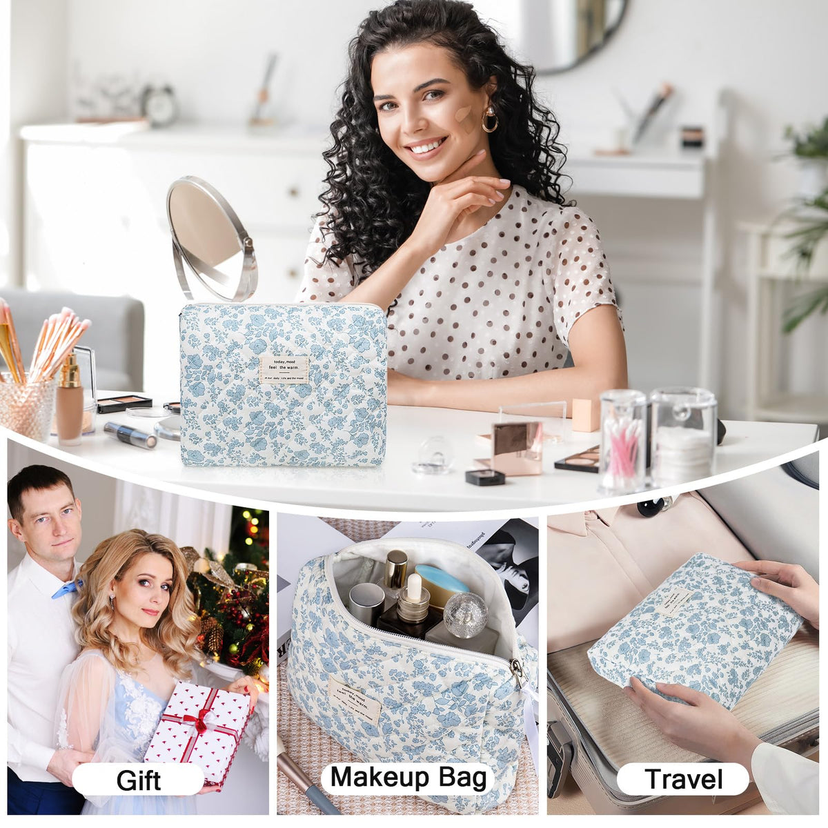 Gosect Floral Makeup Bag, Large Cosmetic Bag for Women Girls, Cute Cotton Make up Pouch, Quilted Makeup Bags, Flower Travel Toiletry Organizer Bag(Blue Floral) - thewildfolk Gosect Floral Makeup Bag, Large Cosmetic Bag for Women Girls, Cute Cotton Make up Pouch, Quilted Makeup Bags, Flower Travel Toiletry Organizer Bag(Blue Floral)