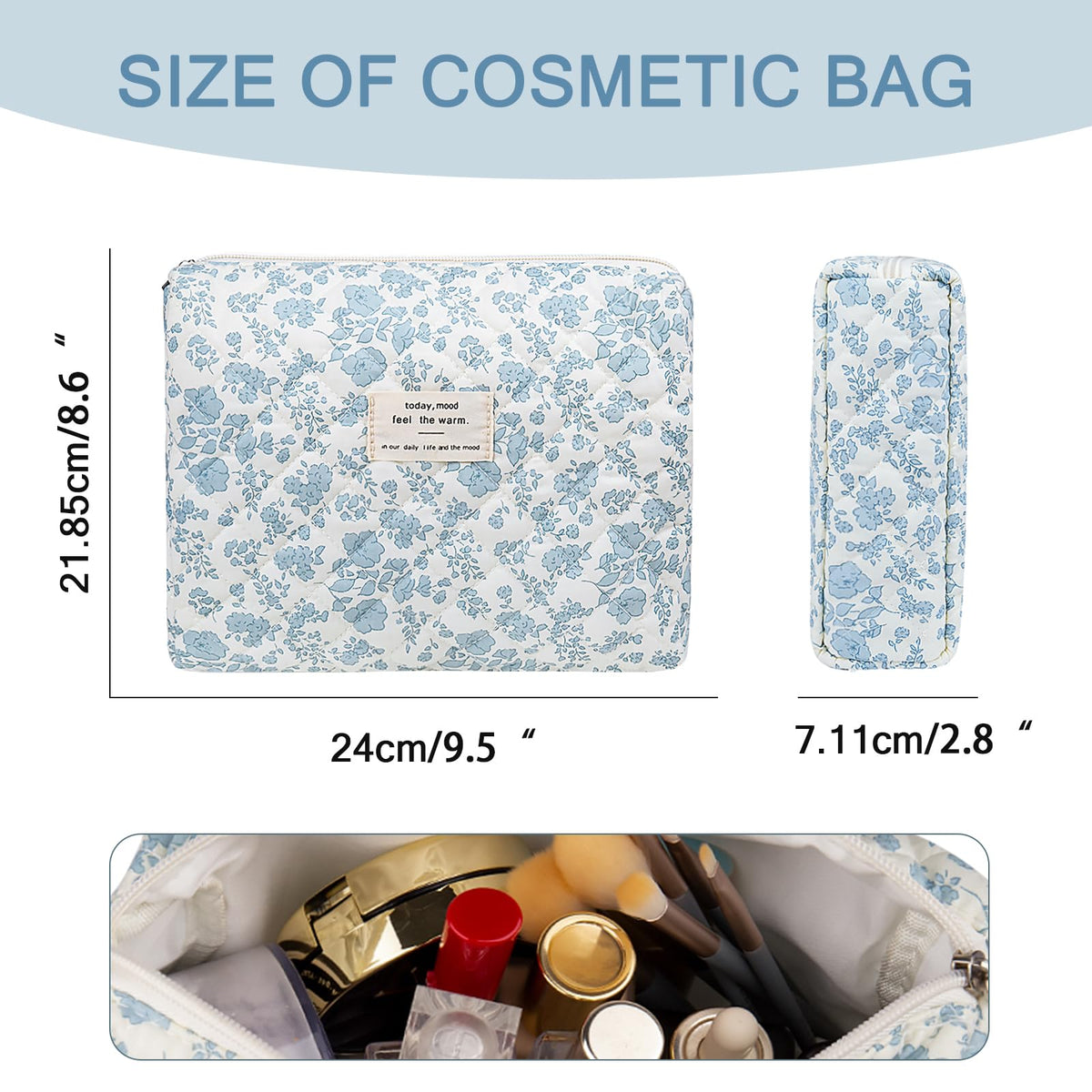 Gosect Floral Makeup Bag, Large Cosmetic Bag for Women Girls, Cute Cotton Make up Pouch, Quilted Makeup Bags, Flower Travel Toiletry Organizer Bag(Blue Floral) - thewildfolk Gosect Floral Makeup Bag, Large Cosmetic Bag for Women Girls, Cute Cotton Make up Pouch, Quilted Makeup Bags, Flower Travel Toiletry Organizer Bag(Blue Floral)