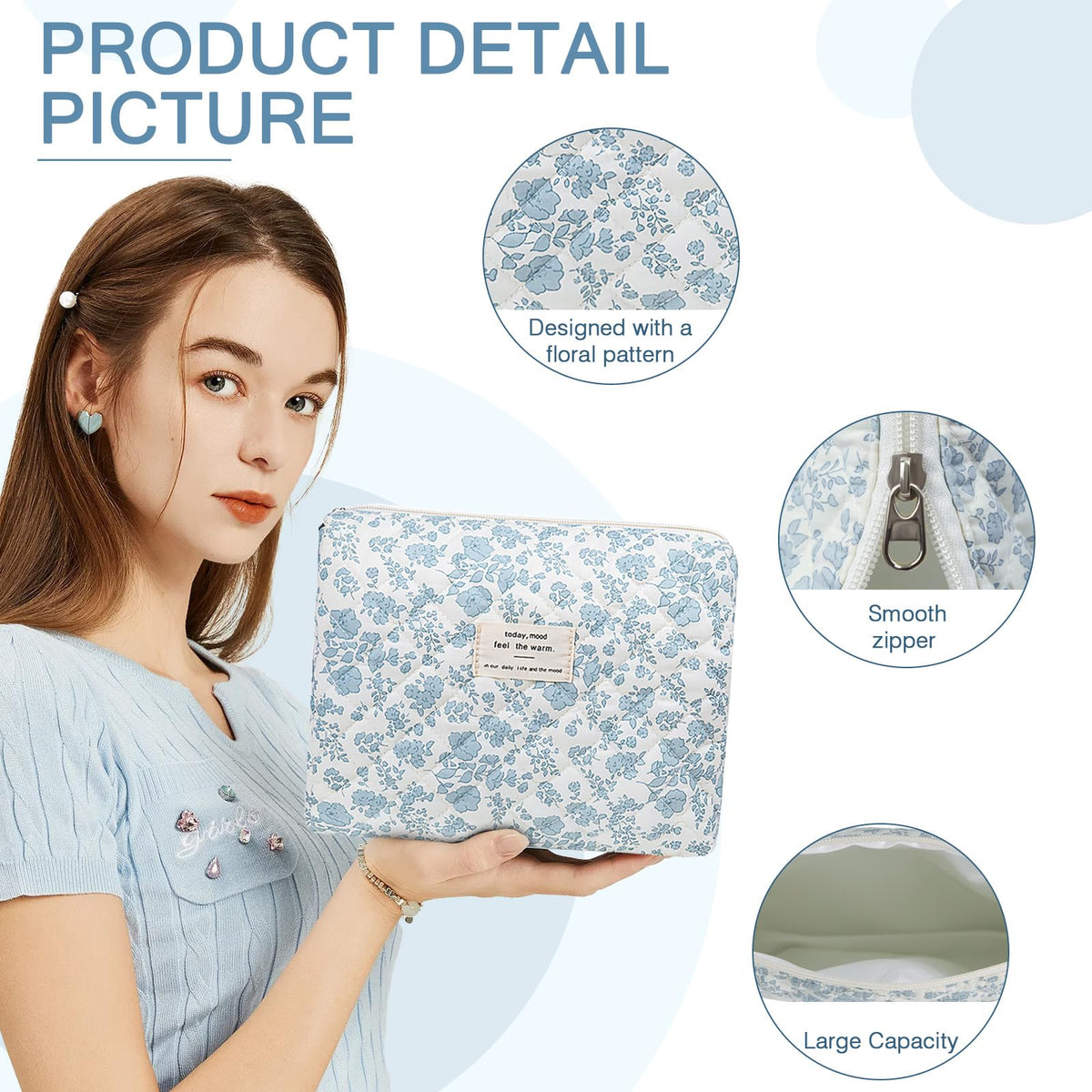 Gosect Floral Makeup Bag, Large Cosmetic Bag for Women Girls, Cute Cotton Make up Pouch, Quilted Makeup Bags, Flower Travel Toiletry Organizer Bag(Blue Floral) - thewildfolk Gosect Floral Makeup Bag, Large Cosmetic Bag for Women Girls, Cute Cotton Make up Pouch, Quilted Makeup Bags, Flower Travel Toiletry Organizer Bag(Blue Floral)