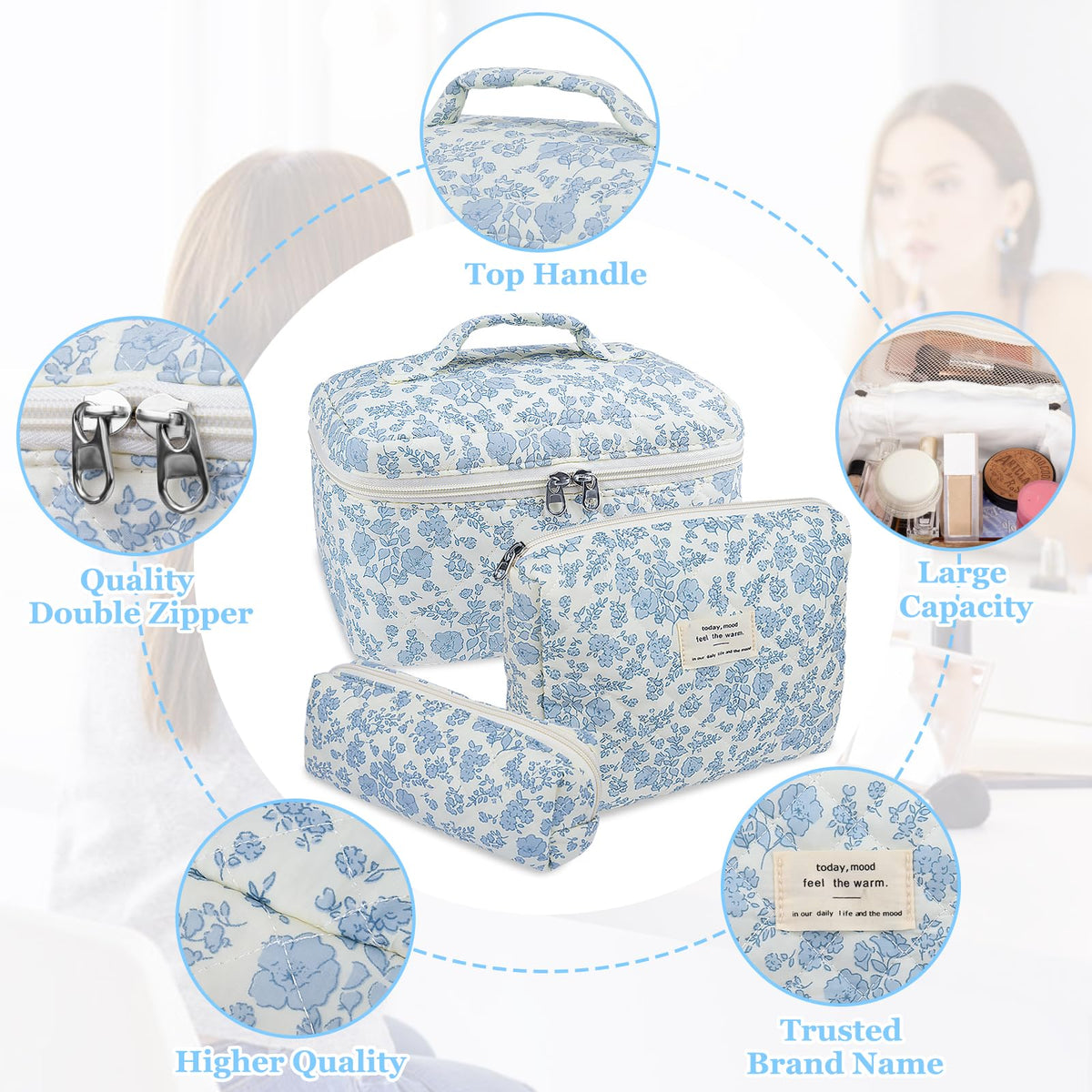 Gosect Makeup Bag, Large Quilted Cosmetic Bag, Big Floral Make Up Bag for Women Girls, Cute Cotton Makeup Bag Set, Flower Travel Toiletry Organizer Bag (Blue Flower) - thewildfolk Gosect Makeup Bag, Large Quilted Cosmetic Bag, Big Floral Make Up Bag for Women Girls, Cute Cotton Makeup Bag Set, Flower Travel Toiletry Organizer Bag (Blue Flower)