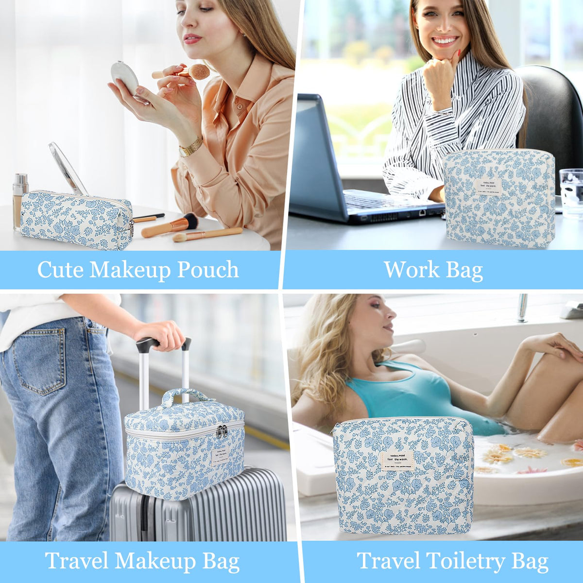 Gosect Makeup Bag, Large Quilted Cosmetic Bag, Big Floral Make Up Bag for Women Girls, Cute Cotton Makeup Bag Set, Flower Travel Toiletry Organizer Bag (Blue Flower) - thewildfolk Gosect Makeup Bag, Large Quilted Cosmetic Bag, Big Floral Make Up Bag for Women Girls, Cute Cotton Makeup Bag Set, Flower Travel Toiletry Organizer Bag (Blue Flower)
