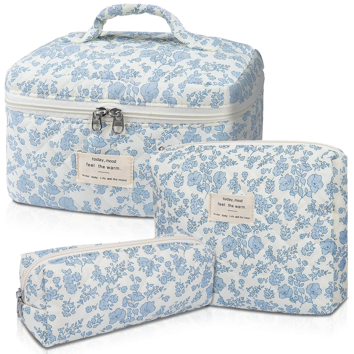 Gosect Makeup Bag, Large Quilted Cosmetic Bag, Big Floral Make Up Bag for Women Girls, Cute Cotton Makeup Bag Set, Flower Travel Toiletry Organizer Bag (Blue Flower) - thewildfolk Gosect Makeup Bag, Large Quilted Cosmetic Bag, Big Floral Make Up Bag for Women Girls, Cute Cotton Makeup Bag Set, Flower Travel Toiletry Organizer Bag (Blue Flower)