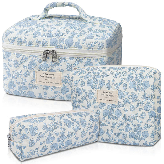 Gosect Makeup Bag, Large Quilted Cosmetic Bag, Big Floral Make Up Bag for Women Girls, Cute Cotton Makeup Bag Set, Flower Travel Toiletry Organizer Bag (Blue Flower) - thewildfolk Gosect Makeup Bag, Large Quilted Cosmetic Bag, Big Floral Make Up Bag for Women Girls, Cute Cotton Makeup Bag Set, Flower Travel Toiletry Organizer Bag (Blue Flower)
