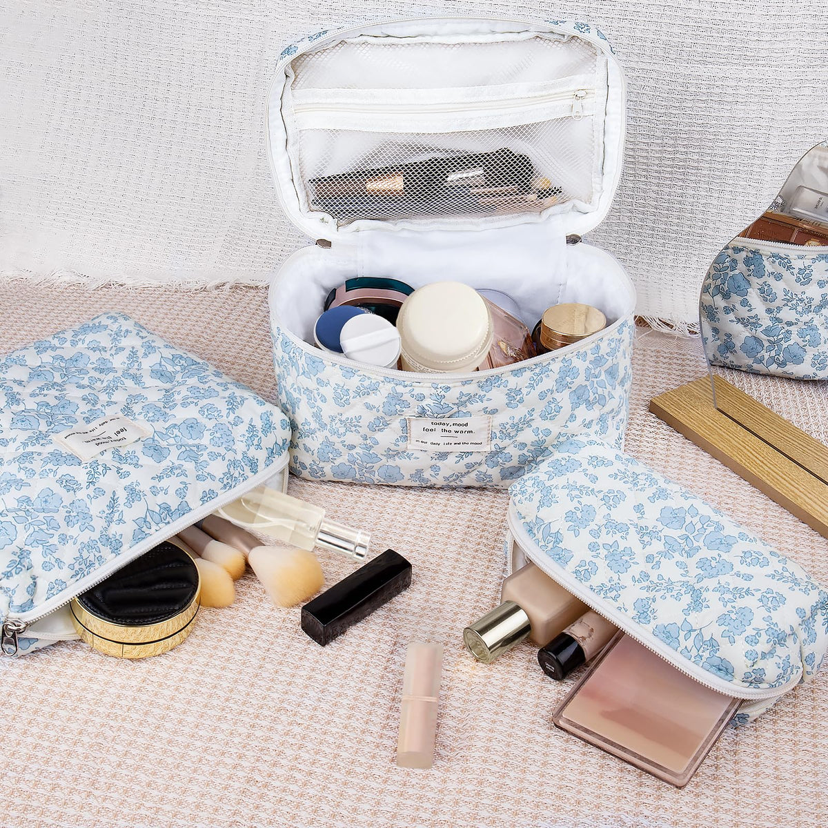 Gosect Makeup Bag, Large Quilted Cosmetic Bag, Big Floral Make Up Bag for Women Girls, Cute Cotton Makeup Bag Set, Flower Travel Toiletry Organizer Bag (Blue Flower) - thewildfolk Gosect Makeup Bag, Large Quilted Cosmetic Bag, Big Floral Make Up Bag for Women Girls, Cute Cotton Makeup Bag Set, Flower Travel Toiletry Organizer Bag (Blue Flower)