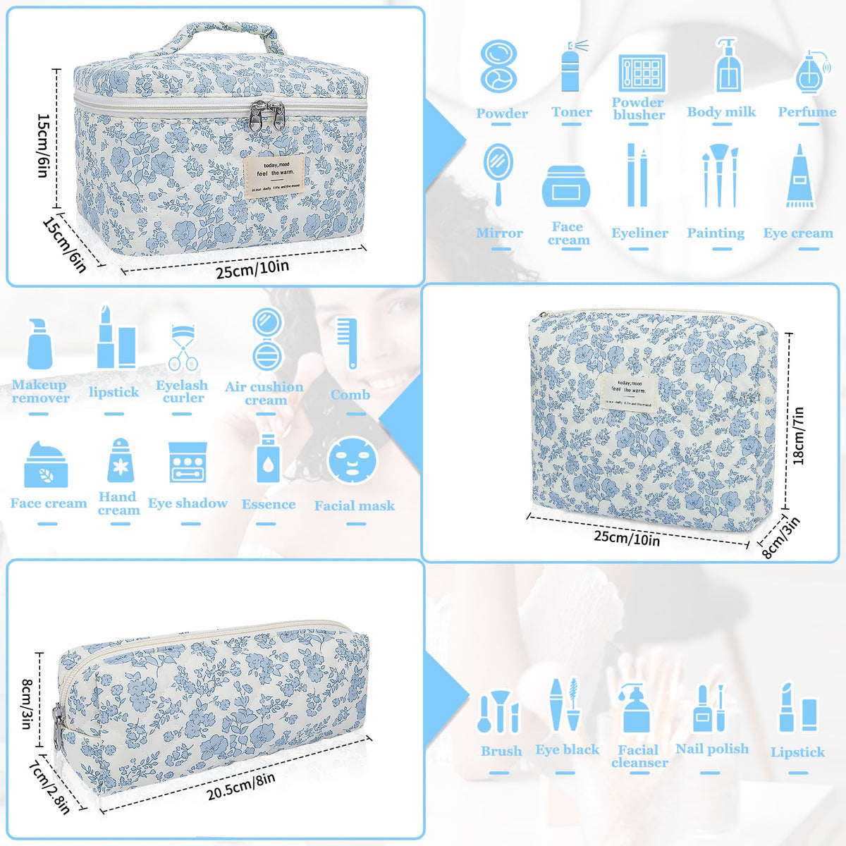 Gosect Makeup Bag, Large Quilted Cosmetic Bag, Big Floral Make Up Bag for Women Girls, Cute Cotton Makeup Bag Set, Flower Travel Toiletry Organizer Bag (Blue Flower) - thewildfolk Gosect Makeup Bag, Large Quilted Cosmetic Bag, Big Floral Make Up Bag for Women Girls, Cute Cotton Makeup Bag Set, Flower Travel Toiletry Organizer Bag (Blue Flower)