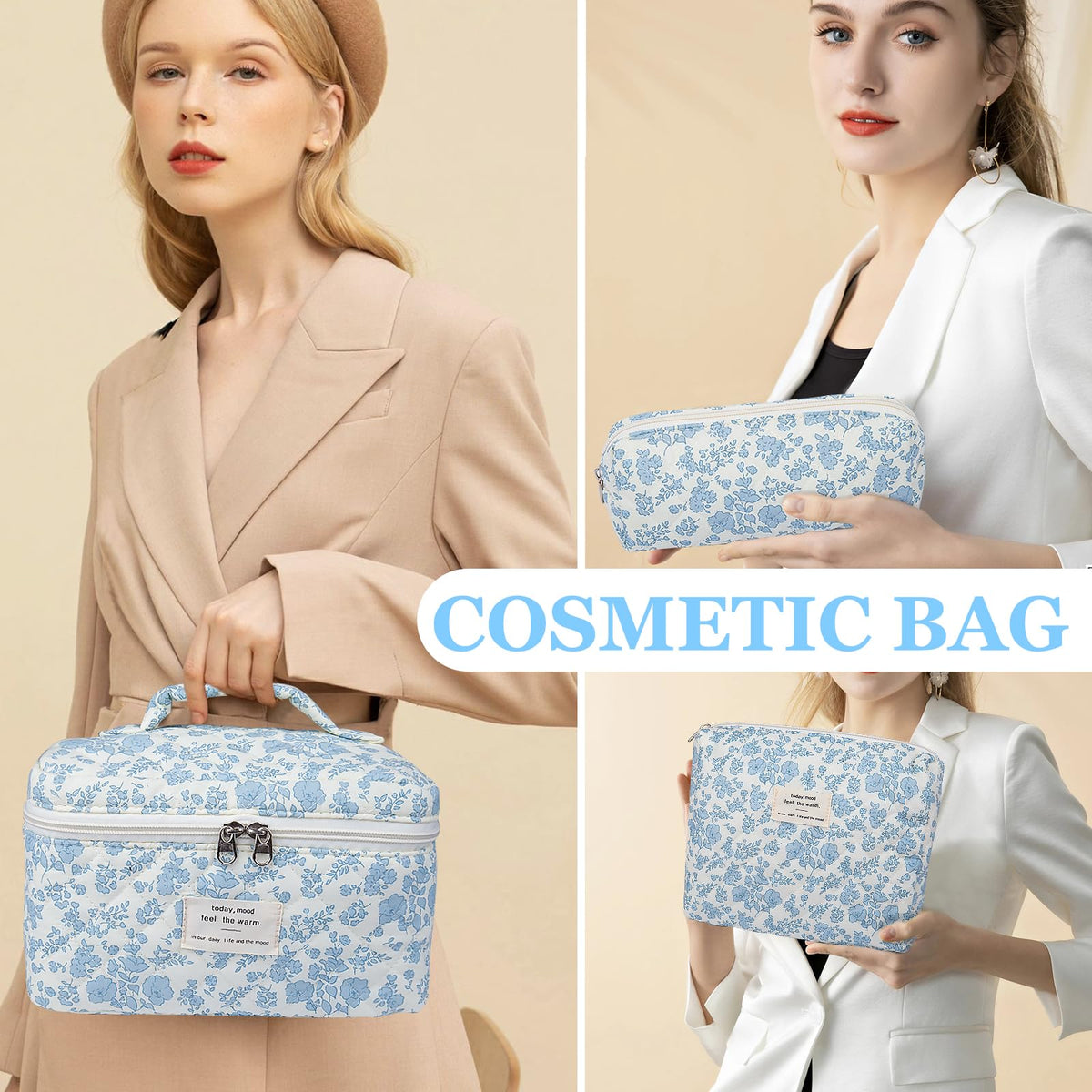 Gosect Makeup Bag, Large Quilted Cosmetic Bag, Big Floral Make Up Bag for Women Girls, Cute Cotton Makeup Bag Set, Flower Travel Toiletry Organizer Bag (Blue Flower) - thewildfolk Gosect Makeup Bag, Large Quilted Cosmetic Bag, Big Floral Make Up Bag for Women Girls, Cute Cotton Makeup Bag Set, Flower Travel Toiletry Organizer Bag (Blue Flower)