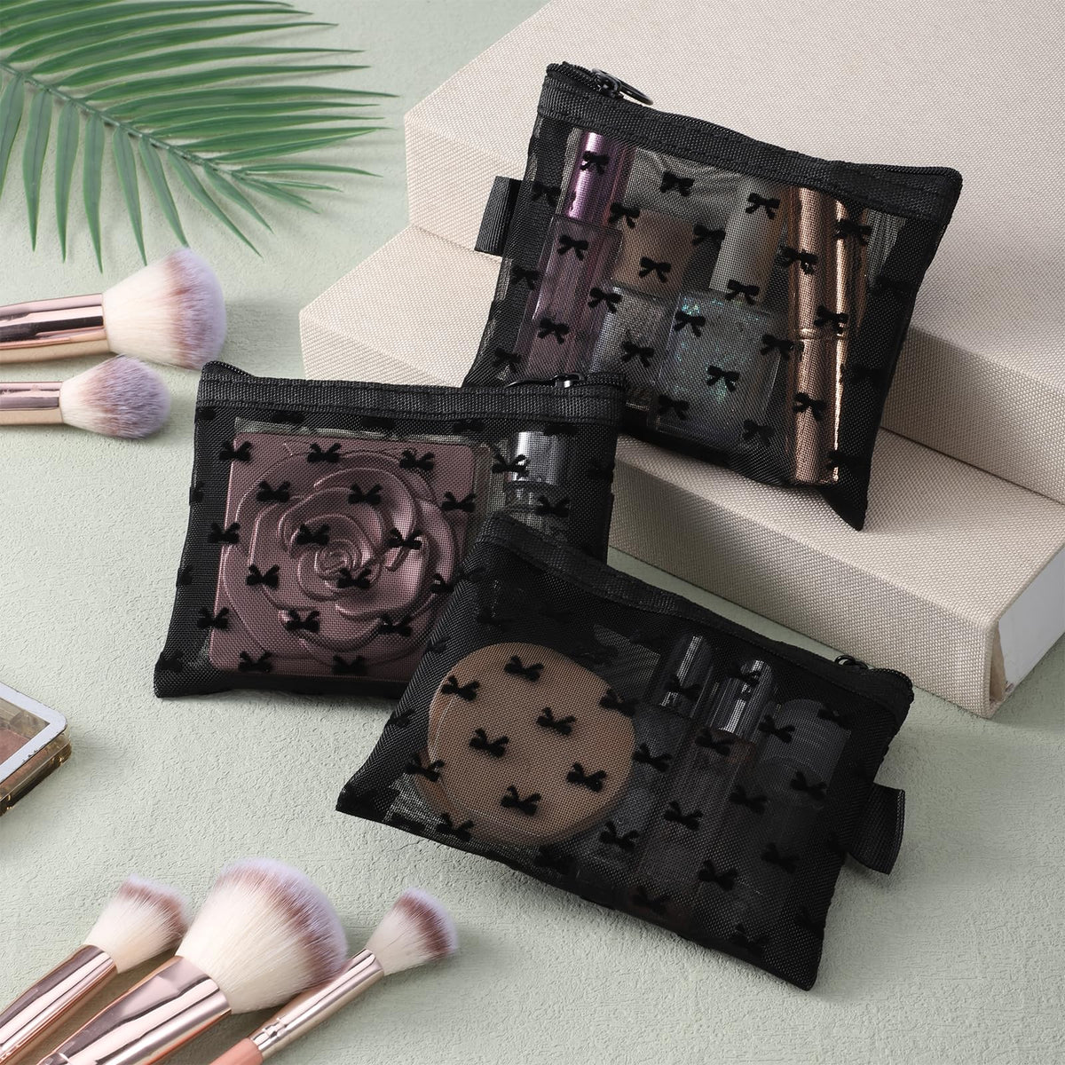 Gtziqa 3 PCS Bow Print Mesh Pouch with Zipper, Mesh Zipper Cosmetic Bags - thewildfolk Gtziqa 3 PCS Bow Print Mesh Pouch with Zipper, Mesh Zipper Cosmetic Bags