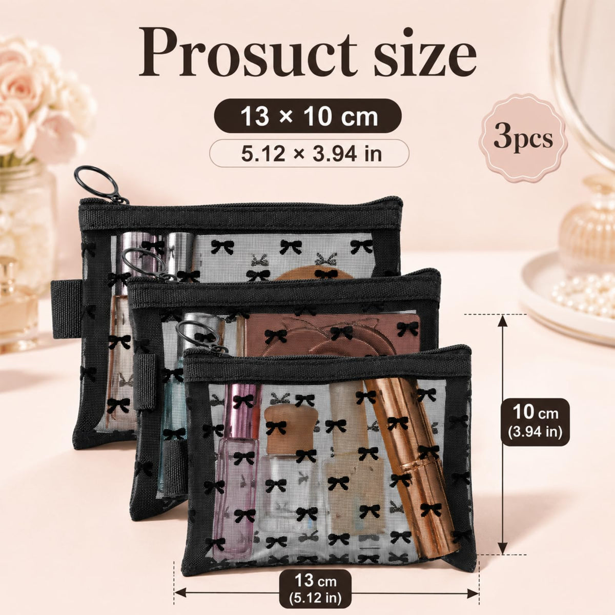 Gtziqa 3 PCS Bow Print Mesh Pouch with Zipper, Mesh Zipper Cosmetic Bags - thewildfolk Gtziqa 3 PCS Bow Print Mesh Pouch with Zipper, Mesh Zipper Cosmetic Bags