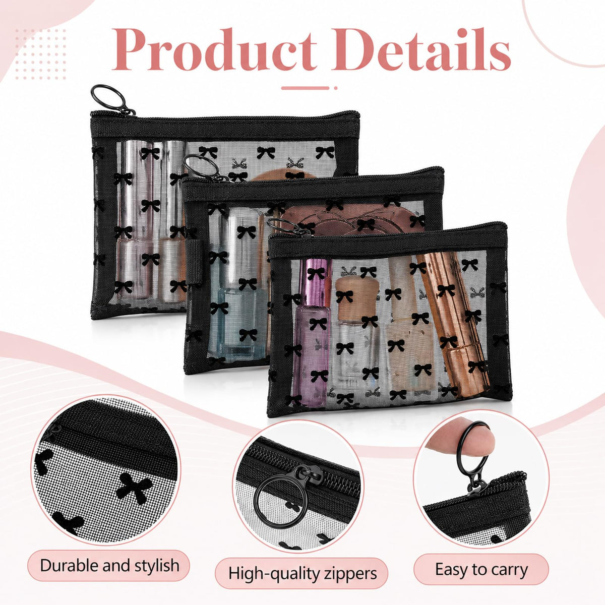 Gtziqa 3 PCS Bow Print Mesh Pouch with Zipper, Mesh Zipper Cosmetic Bags - thewildfolk Gtziqa 3 PCS Bow Print Mesh Pouch with Zipper, Mesh Zipper Cosmetic Bags