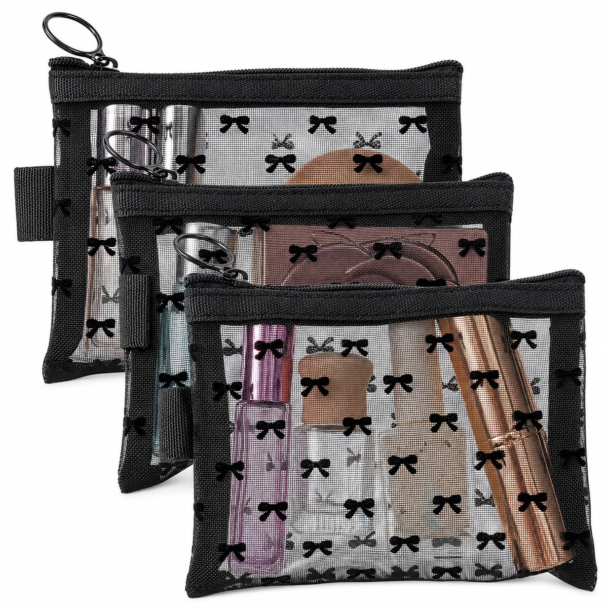 Gtziqa 3 PCS Bow Print Mesh Pouch with Zipper, Mesh Zipper Cosmetic Bags - thewildfolk Gtziqa 3 PCS Bow Print Mesh Pouch with Zipper, Mesh Zipper Cosmetic Bags