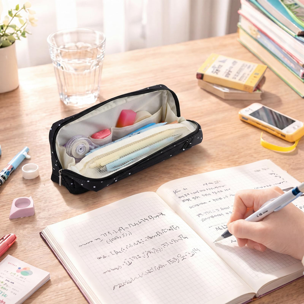 Gueevin Large Capacity Pencil Case Polka Dot Pencil Case Black and White Pen Pouch with Multiple Compartments Foldable Portable Stationery Organizer Makeup Bag for Adults(Black) - thewildfolk Gueevin Large Capacity Pencil Case Polka Dot Pencil Case Black and White Pen Pouch with Multiple Compartments Foldable Portable Stationery Organizer Makeup Bag for Adults(Black)