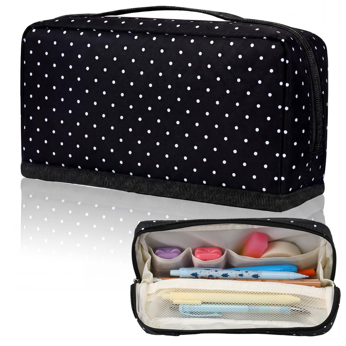 Gueevin Large Capacity Pencil Case Polka Dot Pencil Case Black and White Pen Pouch with Multiple Compartments Foldable Portable Stationery Organizer Makeup Bag for Adults(Black) - thewildfolk Gueevin Large Capacity Pencil Case Polka Dot Pencil Case Black and White Pen Pouch with Multiple Compartments Foldable Portable Stationery Organizer Makeup Bag for Adults(Black)