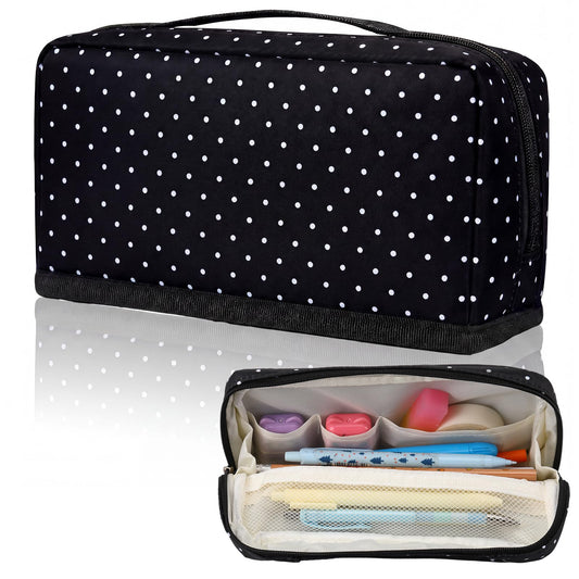 Gueevin Large Capacity Pencil Case Polka Dot Pencil Case Black and White Pen Pouch with Multiple Compartments Foldable Portable Stationery Organizer Makeup Bag for Adults(Black) - thewildfolk Gueevin Large Capacity Pencil Case Polka Dot Pencil Case Black and White Pen Pouch with Multiple Compartments Foldable Portable Stationery Organizer Makeup Bag for Adults(Black)