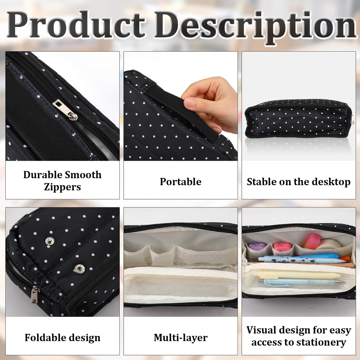 Gueevin Large Capacity Pencil Case Polka Dot Pencil Case Black and White Pen Pouch with Multiple Compartments Foldable Portable Stationery Organizer Makeup Bag for Adults(Black) - thewildfolk Gueevin Large Capacity Pencil Case Polka Dot Pencil Case Black and White Pen Pouch with Multiple Compartments Foldable Portable Stationery Organizer Makeup Bag for Adults(Black)