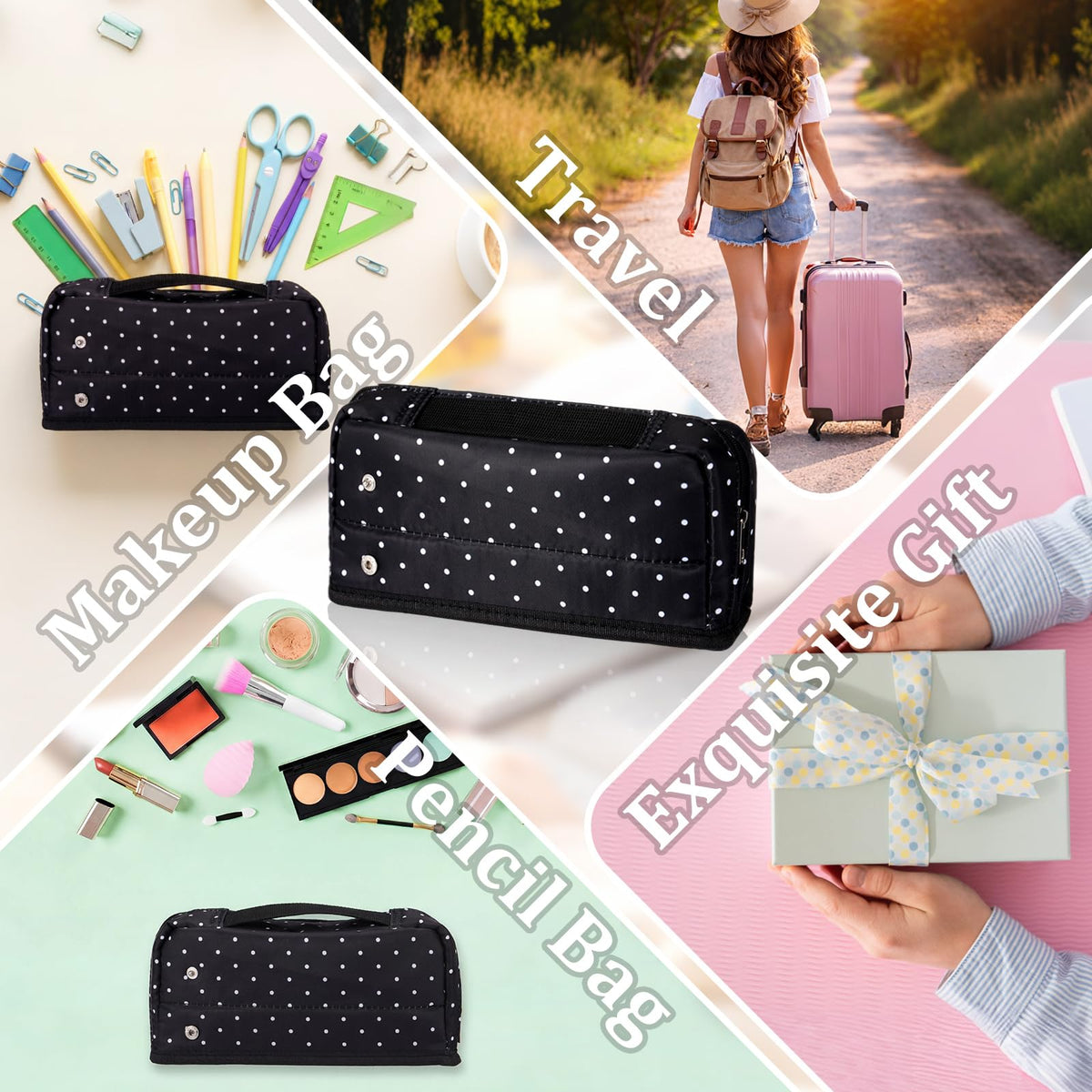 Gueevin Large Capacity Pencil Case Polka Dot Pencil Case Black and White Pen Pouch with Multiple Compartments Foldable Portable Stationery Organizer Makeup Bag for Adults(Black) - thewildfolk Gueevin Large Capacity Pencil Case Polka Dot Pencil Case Black and White Pen Pouch with Multiple Compartments Foldable Portable Stationery Organizer Makeup Bag for Adults(Black)
