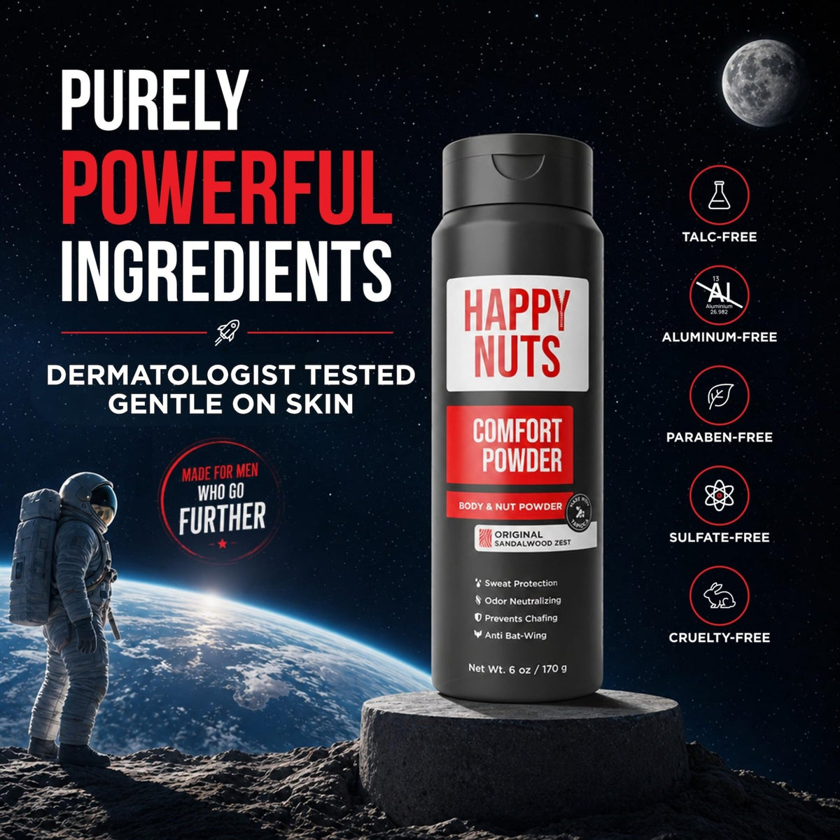 HAPPY NUTS Comfort Powder Deodorant For Men: Anti-Chafing, Sweat and Odor Control for Jock Itch, Aluminum-Free, 6 oz (1 Pack), Original Scent - thewildfolk HAPPY NUTS Comfort Powder Deodorant For Men: Anti-Chafing, Sweat and Odor Control for Jock Itch, Aluminum-Free, 6 oz (1 Pack), Original Scent