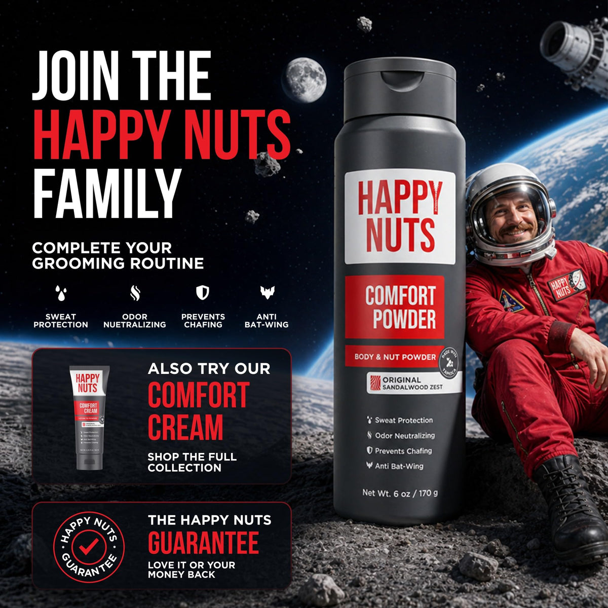 HAPPY NUTS Comfort Powder Deodorant For Men: Anti-Chafing, Sweat and Odor Control for Jock Itch, Aluminum-Free, 6 oz (1 Pack), Original Scent - thewildfolk HAPPY NUTS Comfort Powder Deodorant For Men: Anti-Chafing, Sweat and Odor Control for Jock Itch, Aluminum-Free, 6 oz (1 Pack), Original Scent