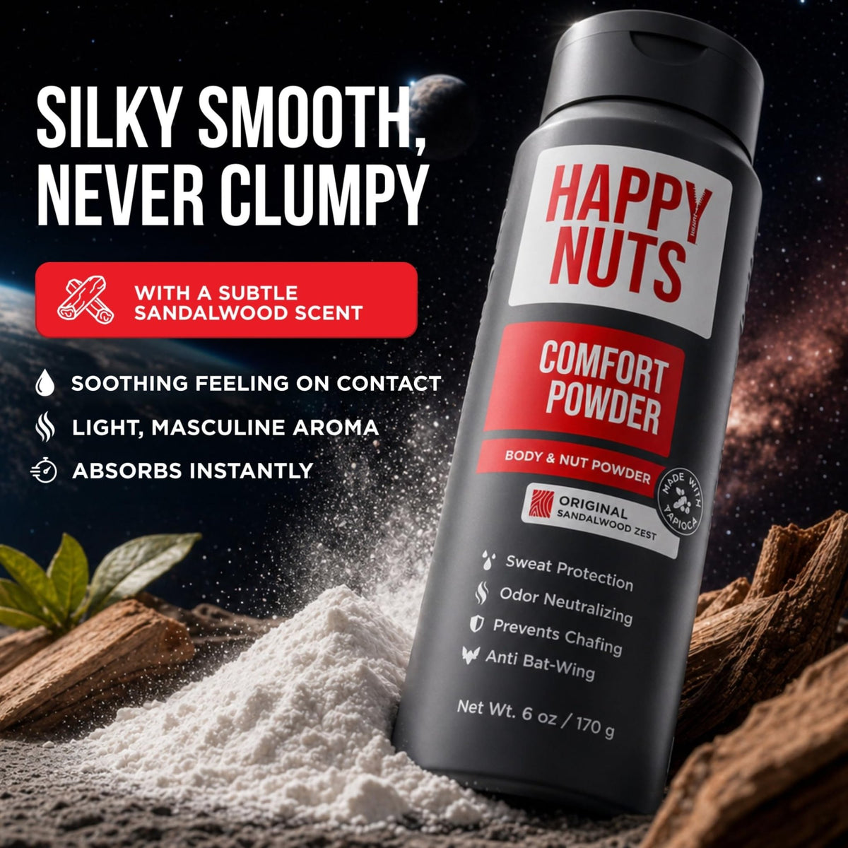 HAPPY NUTS Comfort Powder Deodorant For Men: Anti-Chafing, Sweat and Odor Control for Jock Itch, Aluminum-Free, 6 oz (1 Pack), Original Scent - thewildfolk HAPPY NUTS Comfort Powder Deodorant For Men: Anti-Chafing, Sweat and Odor Control for Jock Itch, Aluminum-Free, 6 oz (1 Pack), Original Scent