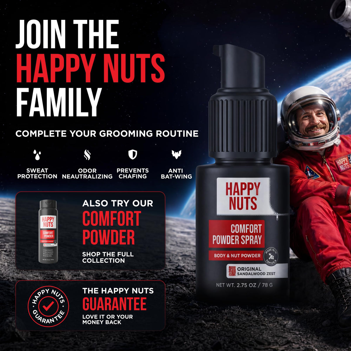 HAPPY NUTS Comfort Powder Spray: Anti Chafing & Mens Deodorant, Aluminum-Free, Sweat and Odor Control for Jock Itch, Groin and Men's Private Parts - thewildfolk HAPPY NUTS Comfort Powder Spray: Anti Chafing & Mens Deodorant, Aluminum-Free, Sweat and Odor Control for Jock Itch, Groin and Men's Private Parts