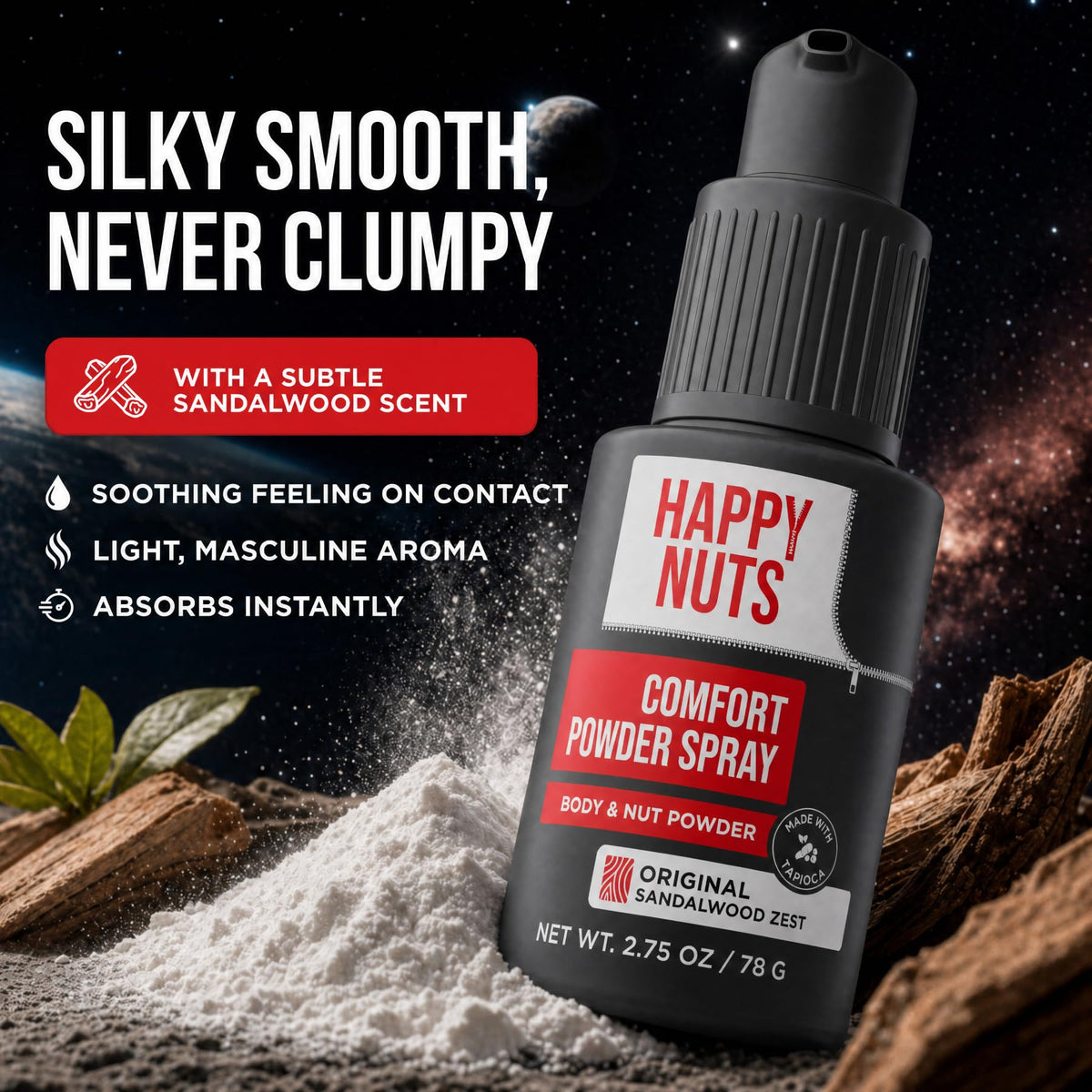 HAPPY NUTS Comfort Powder Spray: Anti Chafing & Mens Deodorant, Aluminum-Free, Sweat and Odor Control for Jock Itch, Groin and Men's Private Parts - thewildfolk HAPPY NUTS Comfort Powder Spray: Anti Chafing & Mens Deodorant, Aluminum-Free, Sweat and Odor Control for Jock Itch, Groin and Men's Private Parts