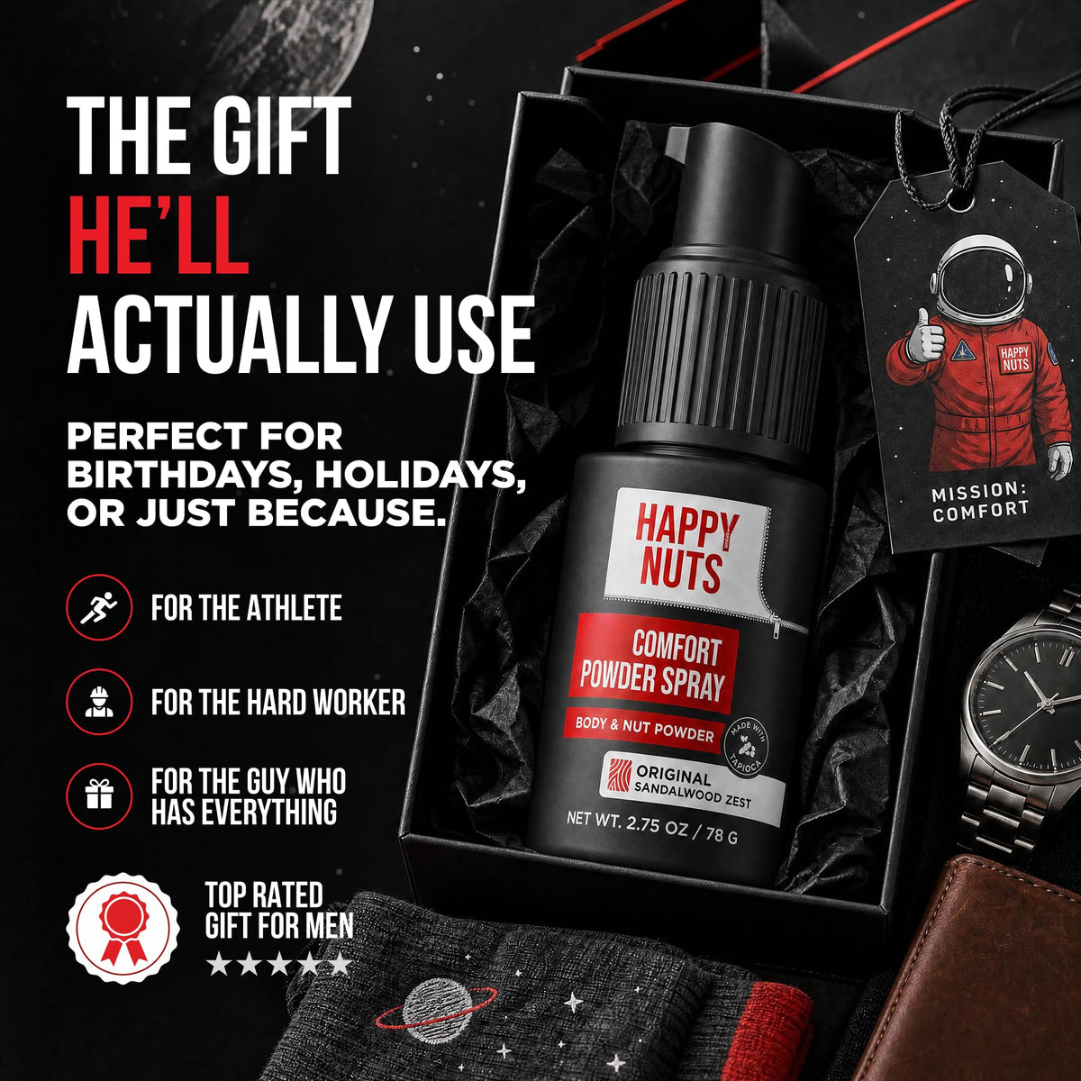HAPPY NUTS Comfort Powder Spray: Anti Chafing & Mens Deodorant, Aluminum-Free, Sweat and Odor Control for Jock Itch, Groin and Men's Private Parts - thewildfolk HAPPY NUTS Comfort Powder Spray: Anti Chafing & Mens Deodorant, Aluminum-Free, Sweat and Odor Control for Jock Itch, Groin and Men's Private Parts