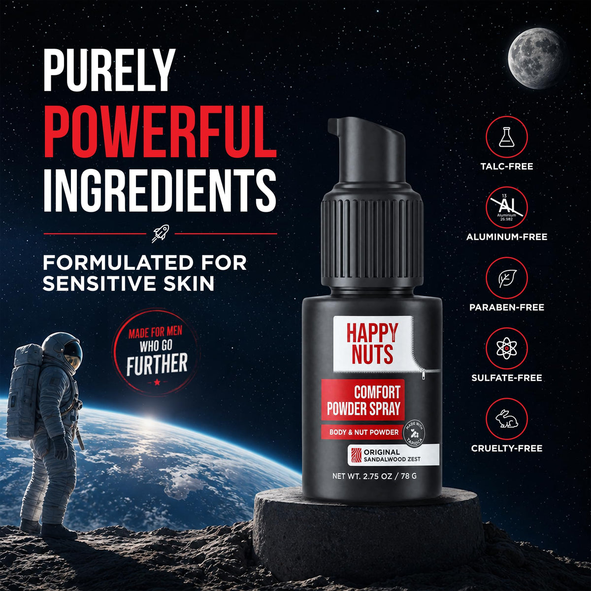 HAPPY NUTS Comfort Powder Spray: Anti Chafing & Mens Deodorant, Aluminum-Free, Sweat and Odor Control for Jock Itch, Groin and Men's Private Parts - thewildfolk HAPPY NUTS Comfort Powder Spray: Anti Chafing & Mens Deodorant, Aluminum-Free, Sweat and Odor Control for Jock Itch, Groin and Men's Private Parts