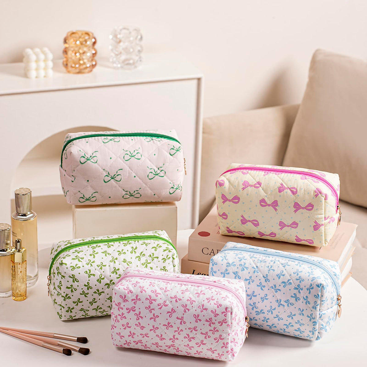 HHQQWZ Cute Floral Cotton Makeup Bag, Quilted Makeup Bag for Women Girls, Travel Floral Cosmetic Bag Zipper Make Up Pouch, Flowers Toiletry Organizer Bag (Grey/Black Bowknot) - thewildfolk HHQQWZ Cute Floral Cotton Makeup Bag, Quilted Makeup Bag for Women Girls, Travel Floral Cosmetic Bag Zipper Make Up Pouch, Flowers Toiletry Organizer Bag (Grey/Black Bowknot)