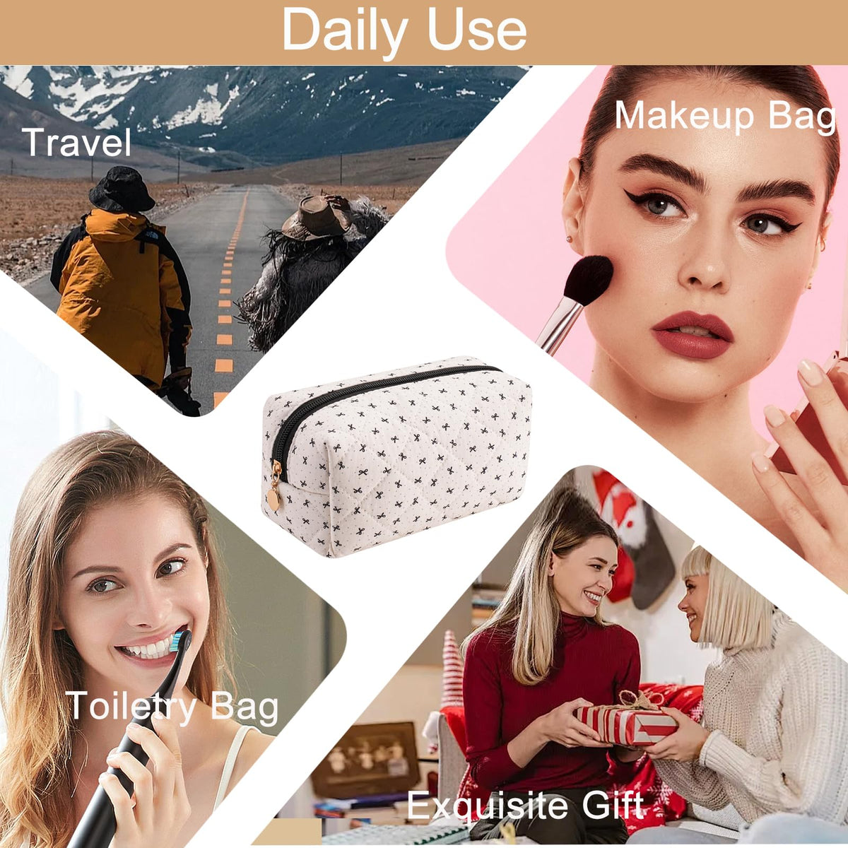 HHQQWZ Cute Floral Cotton Makeup Bag, Quilted Makeup Bag for Women Girls, Travel Floral Cosmetic Bag Zipper Make Up Pouch, Flowers Toiletry Organizer Bag (Grey/Black Bowknot) - thewildfolk HHQQWZ Cute Floral Cotton Makeup Bag, Quilted Makeup Bag for Women Girls, Travel Floral Cosmetic Bag Zipper Make Up Pouch, Flowers Toiletry Organizer Bag (Grey/Black Bowknot)