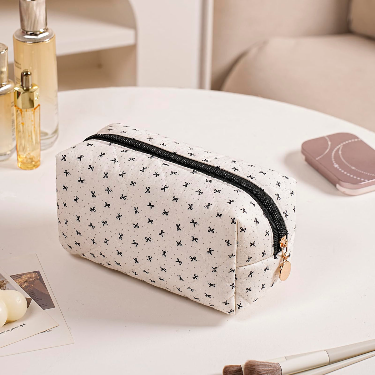 HHQQWZ Cute Floral Cotton Makeup Bag, Quilted Makeup Bag for Women Girls, Travel Floral Cosmetic Bag Zipper Make Up Pouch, Flowers Toiletry Organizer Bag (Grey/Black Bowknot) - thewildfolk HHQQWZ Cute Floral Cotton Makeup Bag, Quilted Makeup Bag for Women Girls, Travel Floral Cosmetic Bag Zipper Make Up Pouch, Flowers Toiletry Organizer Bag (Grey/Black Bowknot)