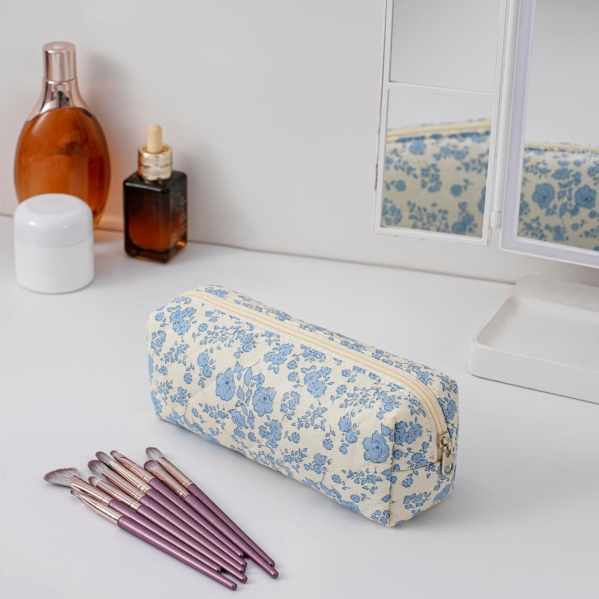 HHQQWZ Cute Floral Cotton Makeup Brush Cosmetic Bag for Women, Travel Quilted Zipper Make Up Bag, Flowers Toiletry Organizer Case Kawaii Makeup Cosmetic Travel Cloth Pouch (Blue Floral) - thewildfolk HHQQWZ Cute Floral Cotton Makeup Brush Cosmetic Bag for Women, Travel Quilted Zipper Make Up Bag, Flowers Toiletry Organizer Case Kawaii Makeup Cosmetic Travel Cloth Pouch (Blue Floral)