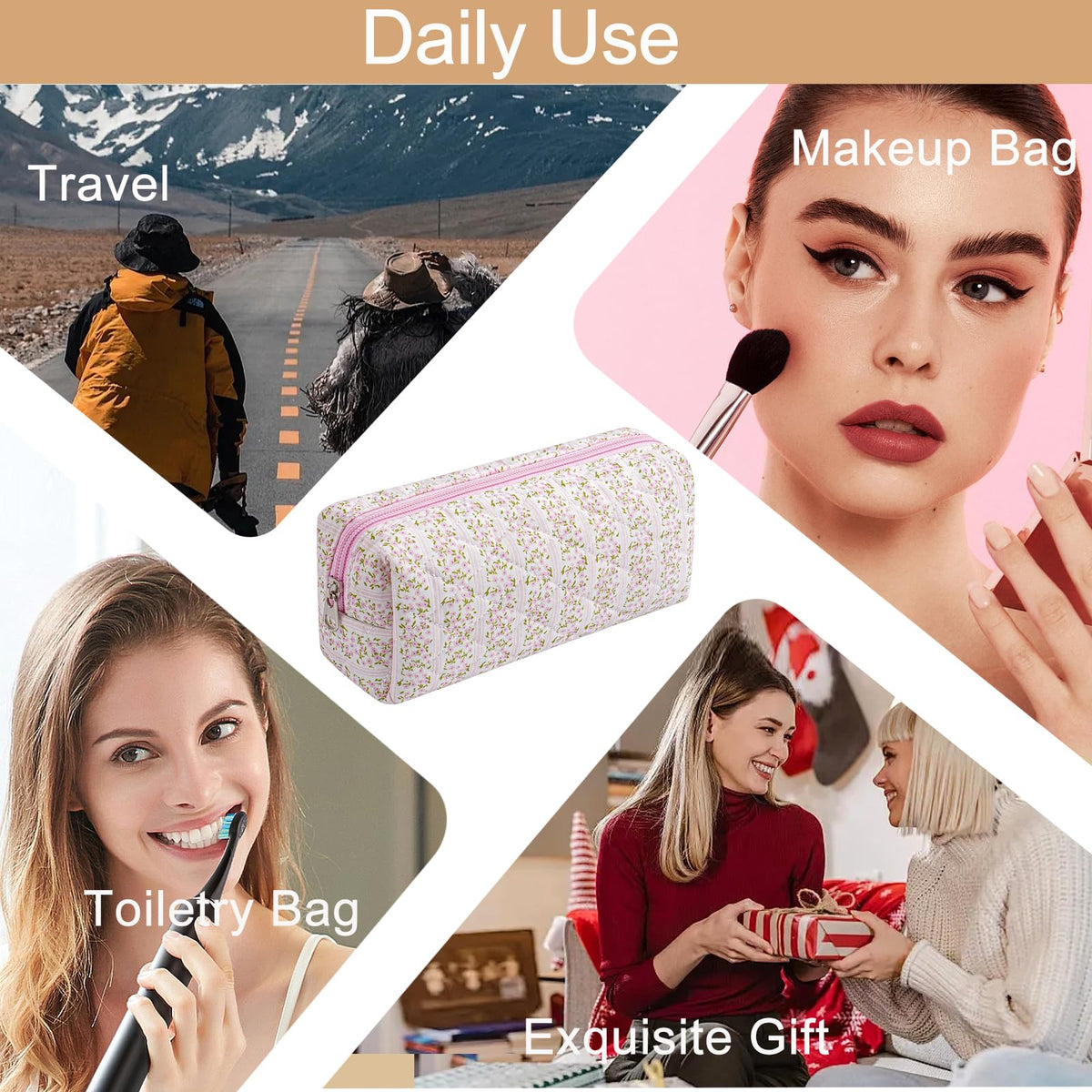 HHQQWZ Cute Floral Cotton Makeup Brush Cosmetic Bag for Women, Travel Quilted Zipper Make Up Bag, Flowers Toiletry Organizer Case Kawaii Makeup Cosmetic Travel Cloth Pouch (Pink Floral) - thewildfolk HHQQWZ Cute Floral Cotton Makeup Brush Cosmetic Bag for Women, Travel Quilted Zipper Make Up Bag, Flowers Toiletry Organizer Case Kawaii Makeup Cosmetic Travel Cloth Pouch (Pink Floral)