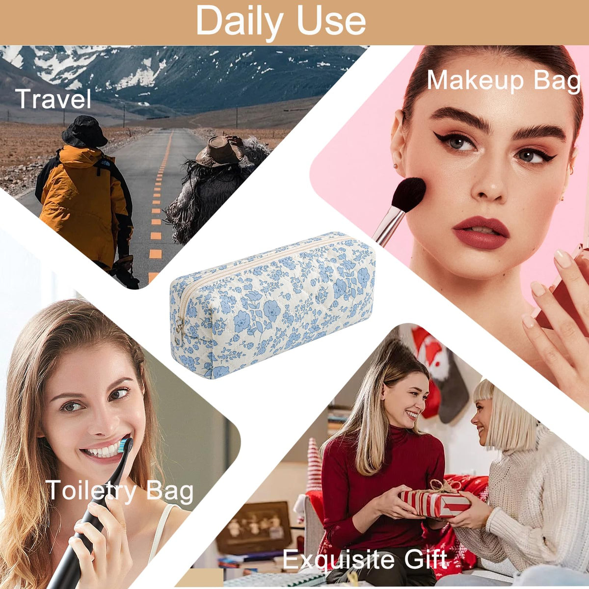 HHQQWZ Cute Floral Cotton Makeup Brush Cosmetic Bag for Women, Travel Quilted Zipper Make Up Bag, Flowers Toiletry Organizer Case Kawaii Makeup Cosmetic Travel Cloth Pouch (Blue Floral) - thewildfolk HHQQWZ Cute Floral Cotton Makeup Brush Cosmetic Bag for Women, Travel Quilted Zipper Make Up Bag, Flowers Toiletry Organizer Case Kawaii Makeup Cosmetic Travel Cloth Pouch (Blue Floral)