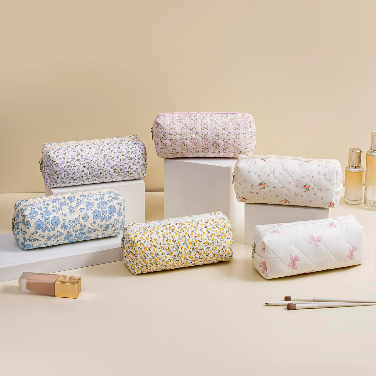 HHQQWZ Cute Floral Cotton Makeup Brush Cosmetic Bag for Women, Travel Quilted Zipper Make Up Bag, Flowers Toiletry Organizer Case Kawaii Makeup Cosmetic Travel Cloth Pouch (Pink Floral) - thewildfolk HHQQWZ Cute Floral Cotton Makeup Brush Cosmetic Bag for Women, Travel Quilted Zipper Make Up Bag, Flowers Toiletry Organizer Case Kawaii Makeup Cosmetic Travel Cloth Pouch (Pink Floral)