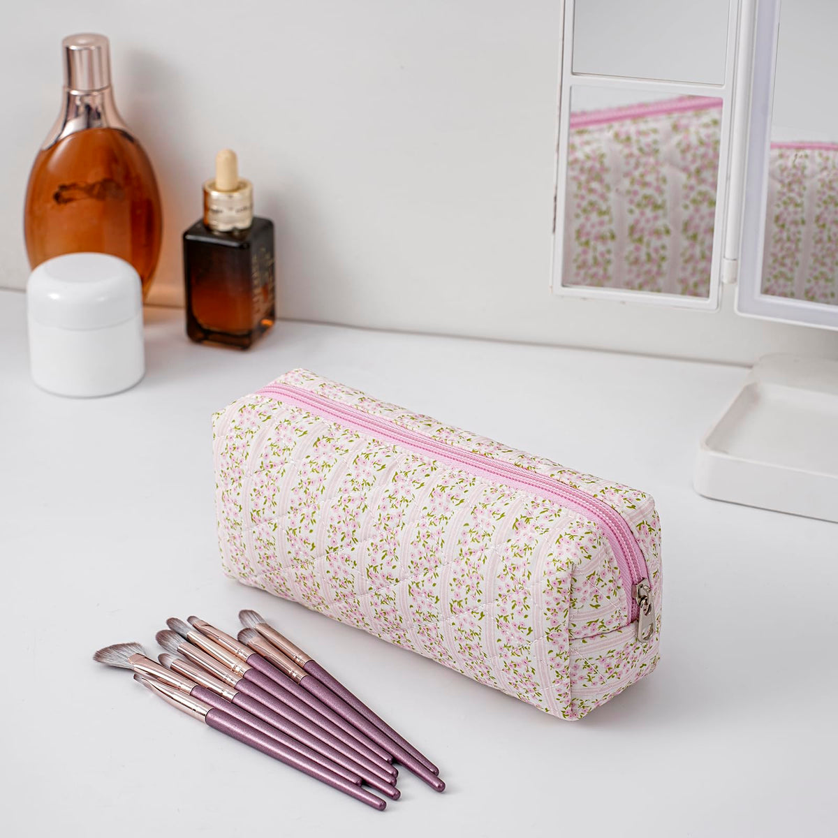 HHQQWZ Cute Floral Cotton Makeup Brush Cosmetic Bag for Women, Travel Quilted Zipper Make Up Bag, Flowers Toiletry Organizer Case Kawaii Makeup Cosmetic Travel Cloth Pouch (Pink Floral) - thewildfolk HHQQWZ Cute Floral Cotton Makeup Brush Cosmetic Bag for Women, Travel Quilted Zipper Make Up Bag, Flowers Toiletry Organizer Case Kawaii Makeup Cosmetic Travel Cloth Pouch (Pink Floral)