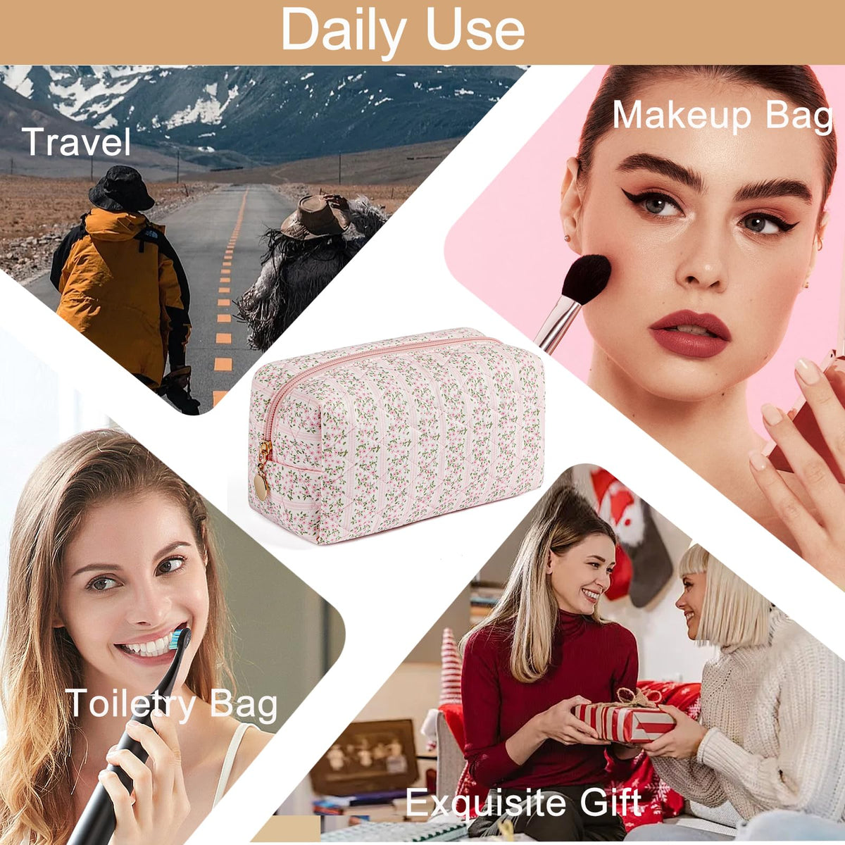 HHQQWZ Makeup Bag Travel Cosmetic Bag for Women Girls, Zipper Make Up Pouch, Floral Flowers Toiletry Organizer Makeup, Portable Storage Cosmetic Travel Cloth Bag (Pink) - thewildfolk HHQQWZ Makeup Bag Travel Cosmetic Bag for Women Girls, Zipper Make Up Pouch, Floral Flowers Toiletry Organizer Makeup, Portable Storage Cosmetic Travel Cloth Bag (Pink)