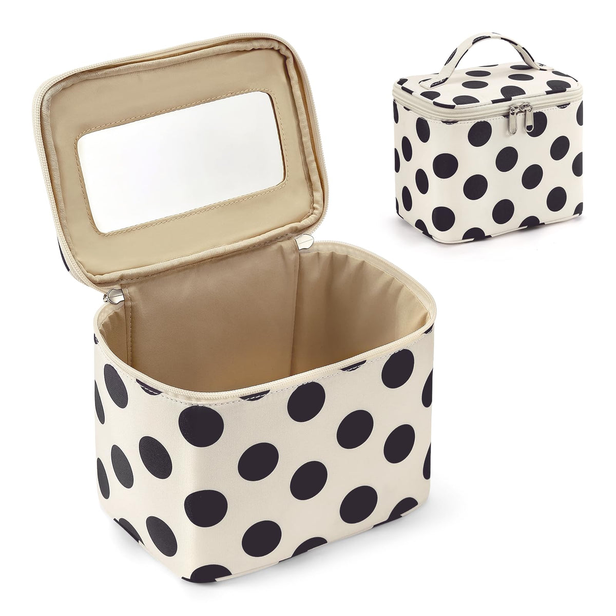 Hibilog Polka Dots Makeup Bag with Built-in Mirror, Large Capacity Nylon Cosmetic Bag, Portable Travel Toiletry Organizer with Handle for Travel (White Polka) - thewildfolk Hibilog Polka Dots Makeup Bag with Built-in Mirror, Large Capacity Nylon Cosmetic Bag, Portable Travel Toiletry Organizer with Handle for Travel (White Polka)