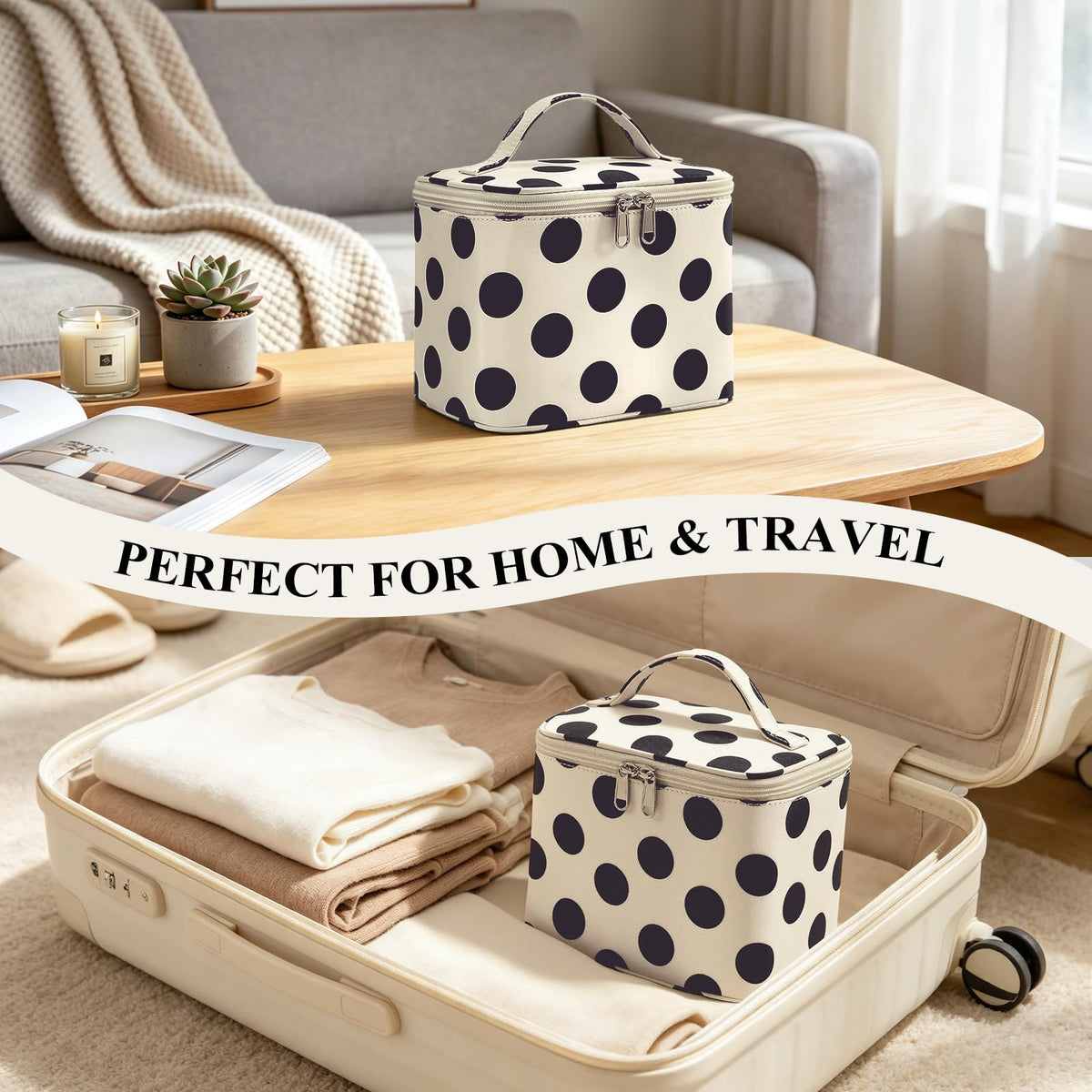 Hibilog Polka Dots Makeup Bag with Built-in Mirror, Large Capacity Nylon Cosmetic Bag, Portable Travel Toiletry Organizer with Handle for Travel (White Polka) - thewildfolk Hibilog Polka Dots Makeup Bag with Built-in Mirror, Large Capacity Nylon Cosmetic Bag, Portable Travel Toiletry Organizer with Handle for Travel (White Polka)