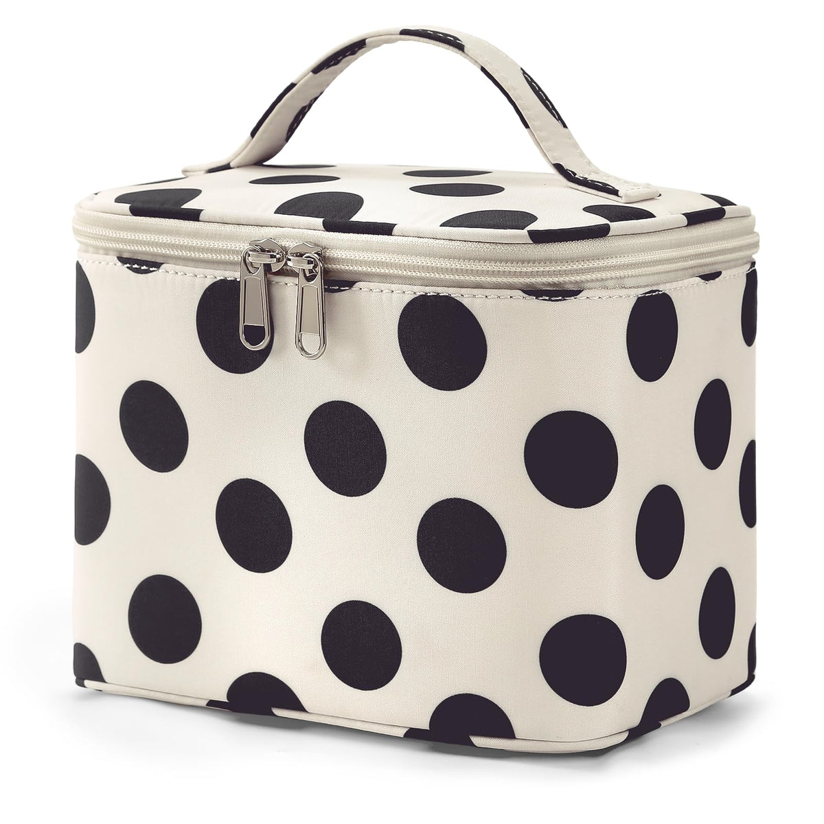 Hibilog Polka Dots Makeup Bag with Built-in Mirror, Large Capacity Nylon Cosmetic Bag, Portable Travel Toiletry Organizer with Handle for Travel (White Polka) - thewildfolk Hibilog Polka Dots Makeup Bag with Built-in Mirror, Large Capacity Nylon Cosmetic Bag, Portable Travel Toiletry Organizer with Handle for Travel (White Polka)