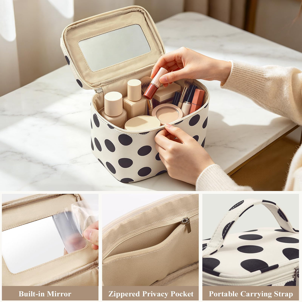 Hibilog Polka Dots Makeup Bag with Built-in Mirror, Large Capacity Nylon Cosmetic Bag, Portable Travel Toiletry Organizer with Handle for Travel (White Polka) - thewildfolk Hibilog Polka Dots Makeup Bag with Built-in Mirror, Large Capacity Nylon Cosmetic Bag, Portable Travel Toiletry Organizer with Handle for Travel (White Polka)