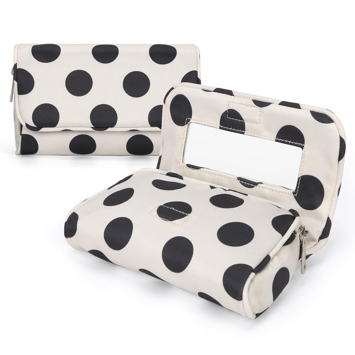 Hibilog Women’s Cute Nylon Makeup Bag with Built-in Mirror, Protable Lightweight Cosmetic Bag, Trendy Toiletry Bag for Travel (White Polka) - thewildfolk Hibilog Women’s Cute Nylon Makeup Bag with Built-in Mirror, Protable Lightweight Cosmetic Bag, Trendy Toiletry Bag for Travel (White Polka)