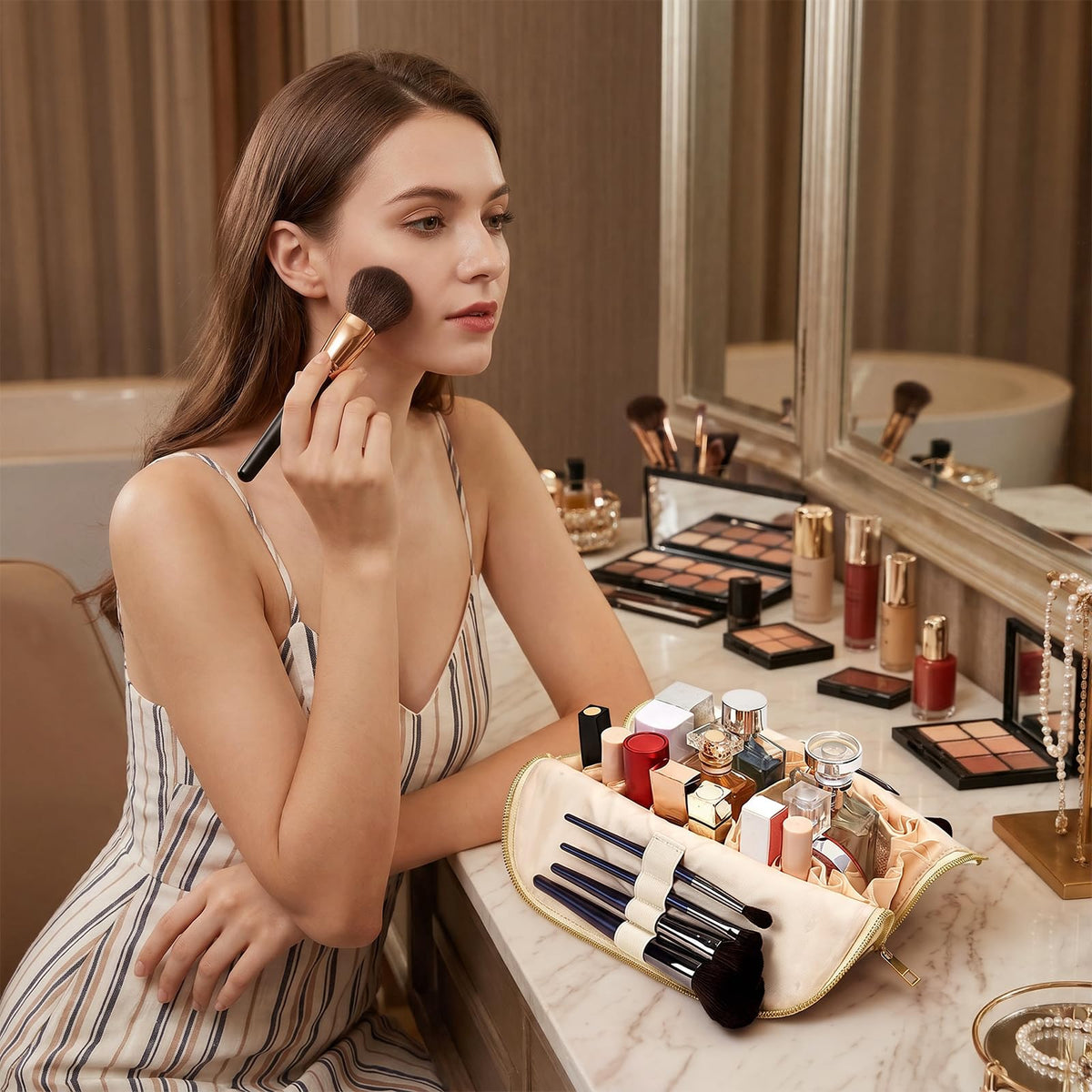 HiTotes Travel Makeup Bag PVC Stripe Cosmetic Pouch Stand Up Toiletry Bag - thewildfolk HiTotes Travel Makeup Bag PVC Stripe Cosmetic Pouch Stand Up Toiletry Bag