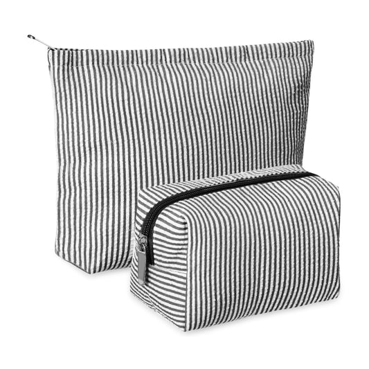Huhumy 2 Pcs Makeup Bag Set for Women, Black, Thin Striped Seersucker - thewildfolk Huhumy 2 Pcs Makeup Bag Set for Women, Black, Thin Striped Seersucker