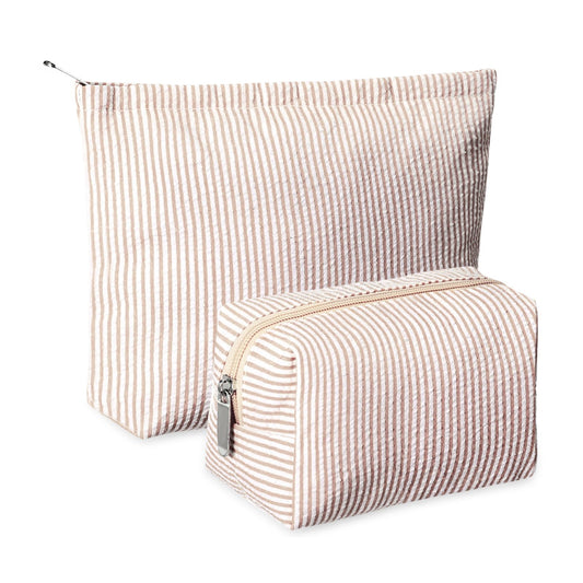 Huhumy 2 Pcs Makeup Bag Set for Women, Khaki, Thin Striped Seersucker - thewildfolk Huhumy 2 Pcs Makeup Bag Set for Women, Khaki, Thin Striped Seersucker