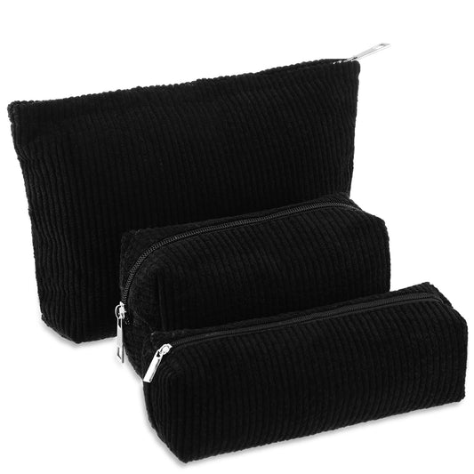 Huhumy 3 Pcs Corduroy Makeup Bag Set for Women Cute Pencil Case, Black,Solid Style - thewildfolk Huhumy 3 Pcs Corduroy Makeup Bag Set for Women Cute Pencil Case, Black,Solid Style